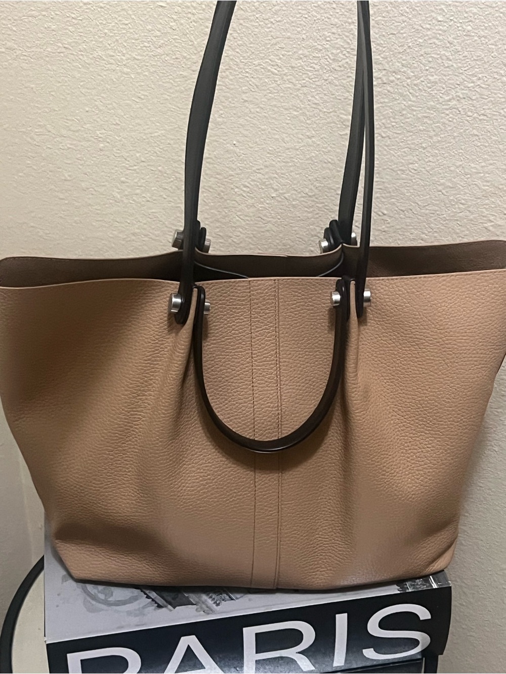 All Saints Beige Tan Leather Tote with Black Handles - Picture 7 of 13